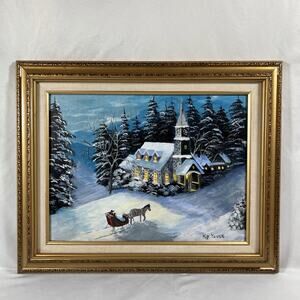 Vintage Christmas Winter Snow Horse Sleigh Painting Art Framed Gold Wood Frame